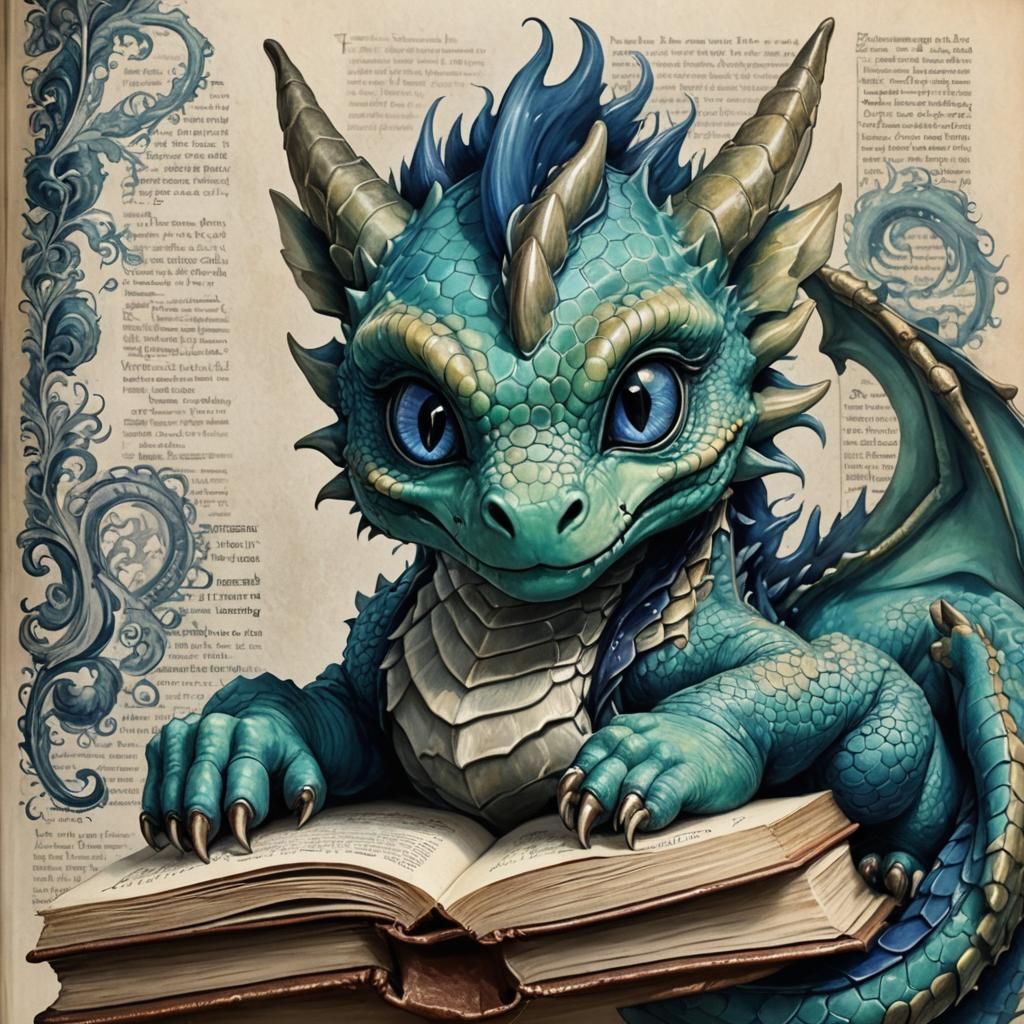 Cute Turquoise Dragon on a Book in Realism