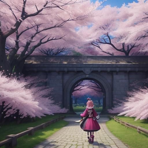 Cartoon animation anime, happy chiba Beautiful cherry blossom girl, walking in park of cherry tree blossoms