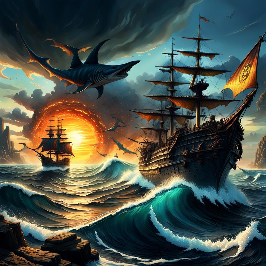 Battleship in Naval Battle Oil Painting with Shark