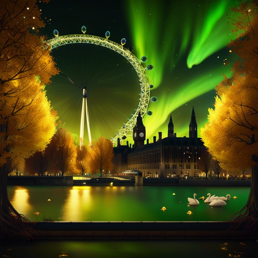London Eye Amidst Aurora and Autumnal Splendor