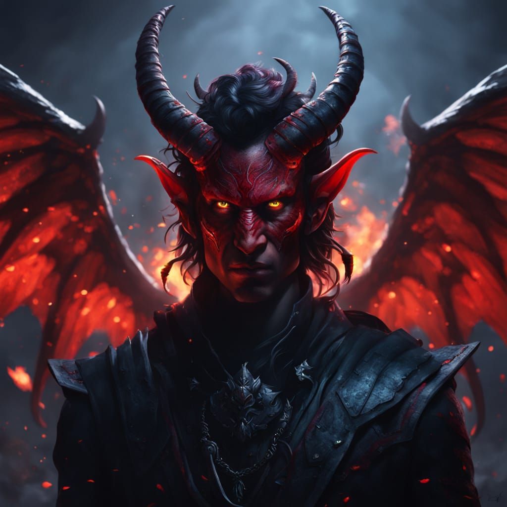Dramatic Tiefling with Wings and Horns in Dark Fantasy