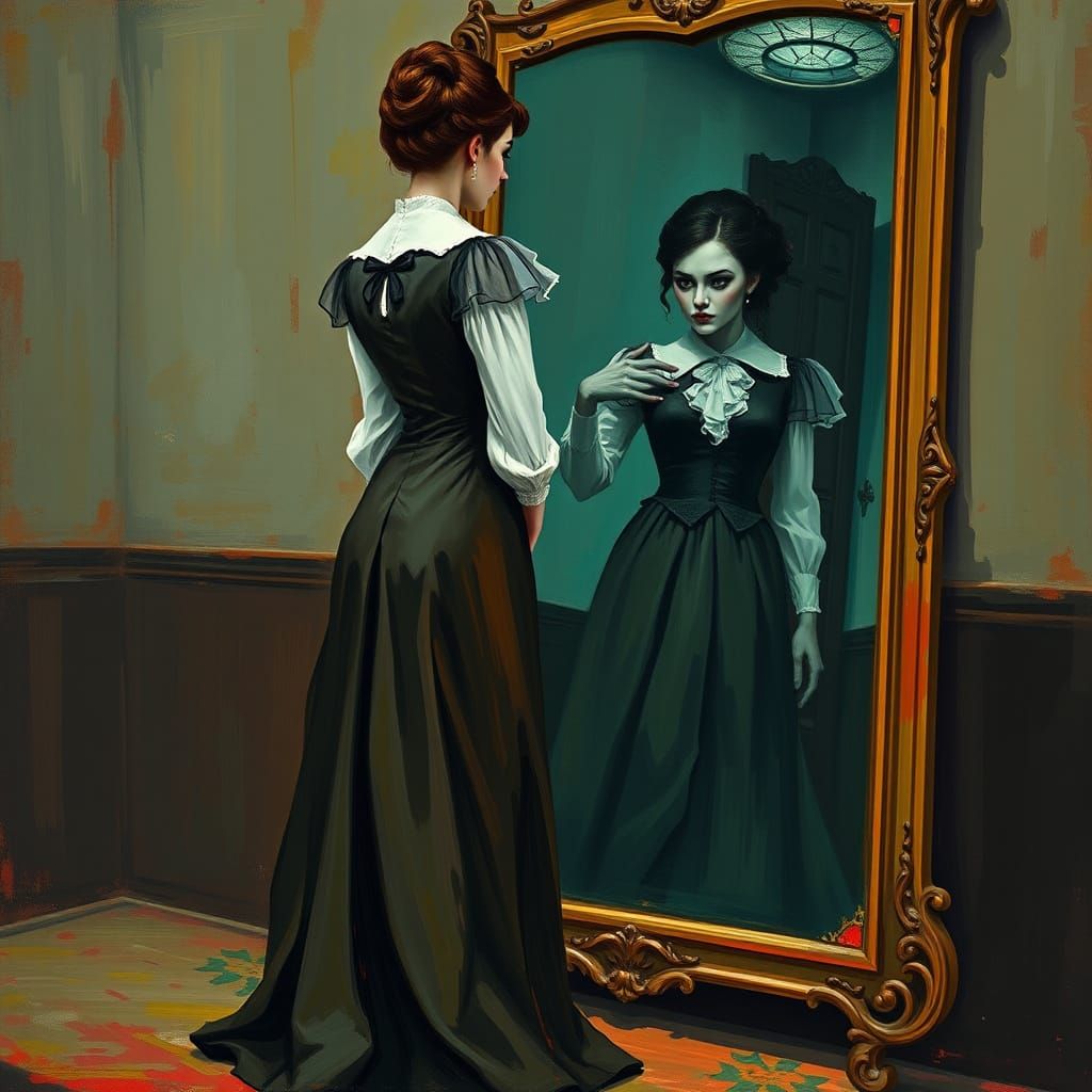 Female Dr. Jekyll and Ms. Hyde seen in a mirror