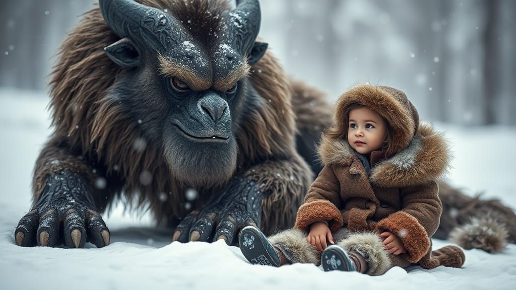 Child and Mythical Creature in Winter Wonderland