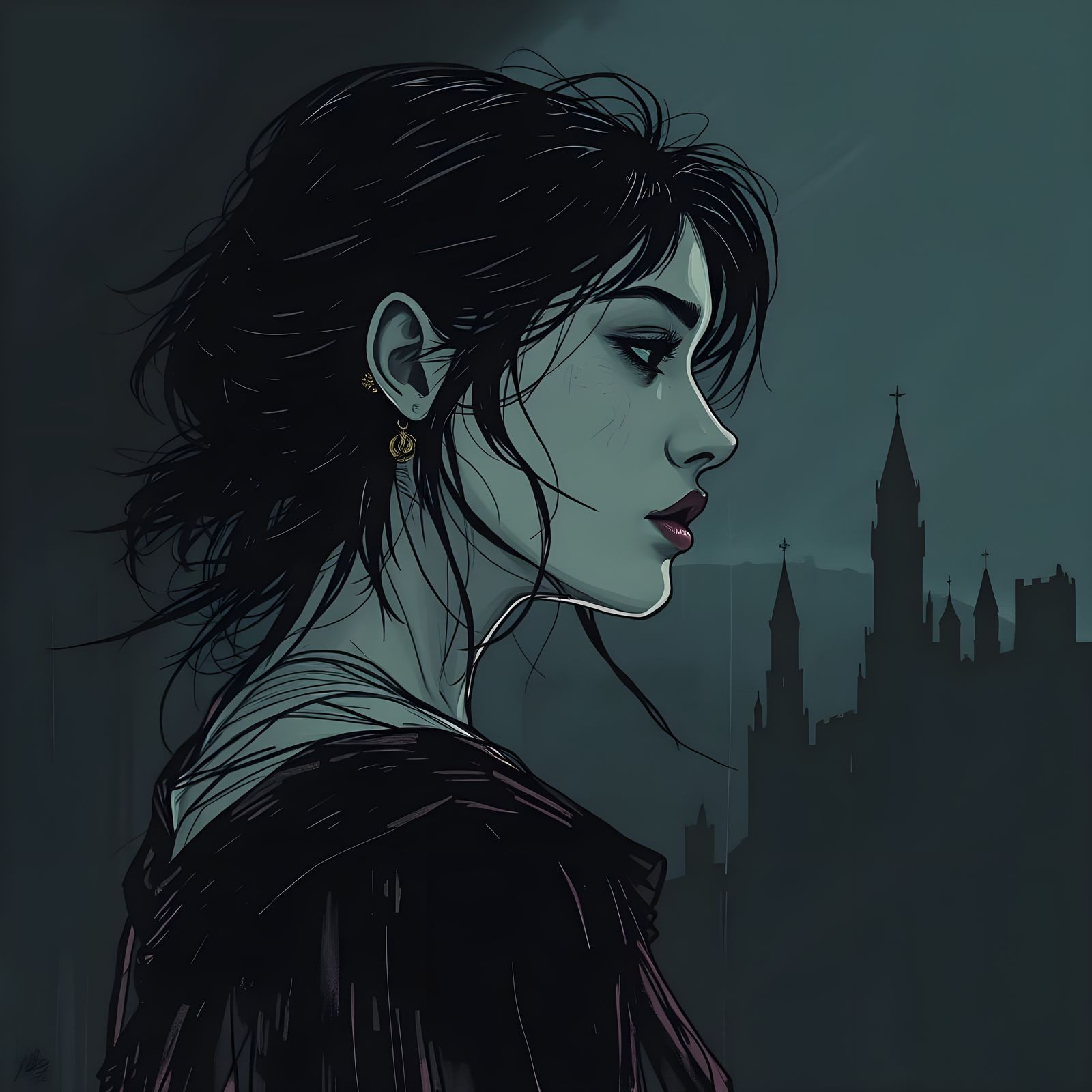 Gothic Woman Profile in Abstract Line Art