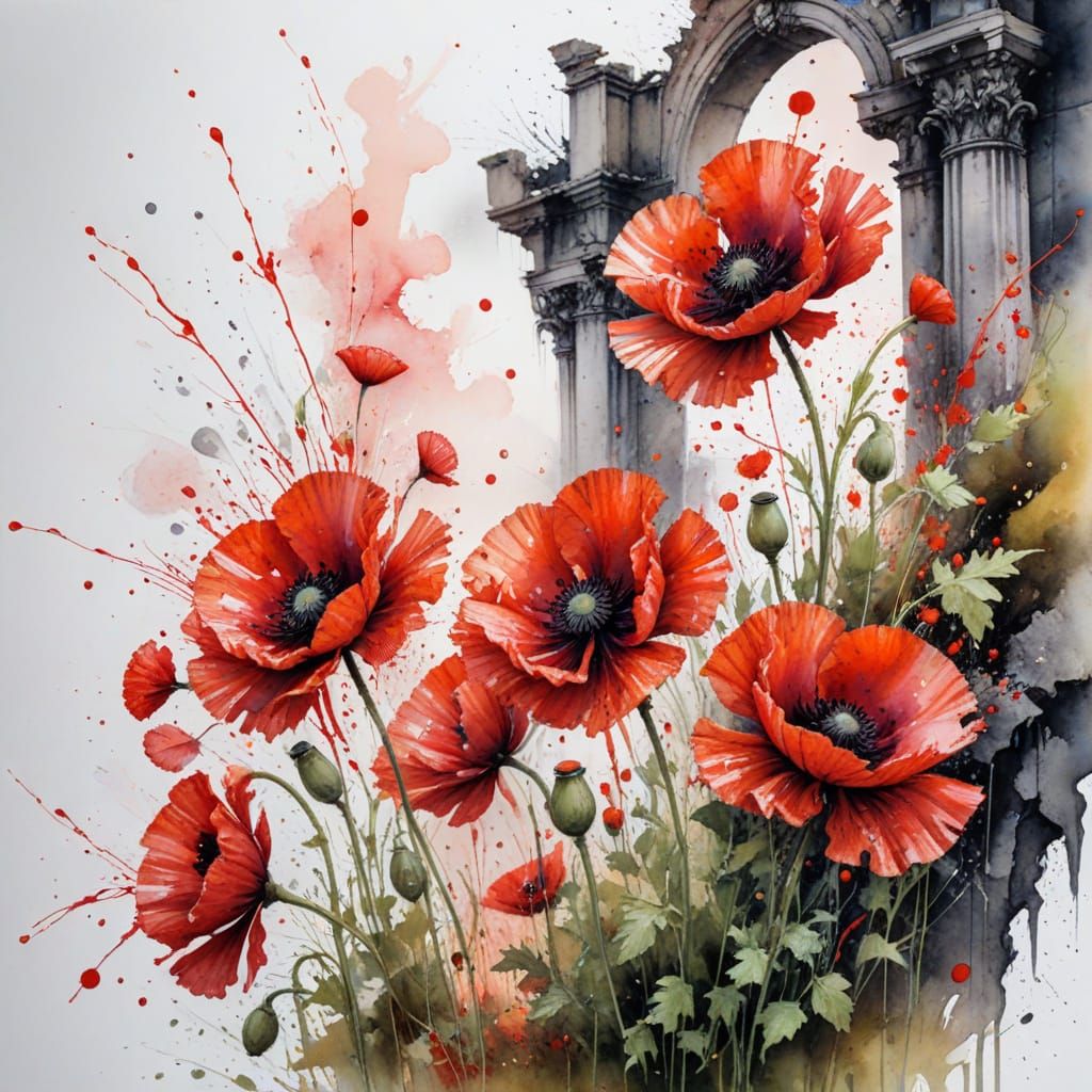 Vibrant Red Poppies in Ruins, Watercolour Ink Splash Art