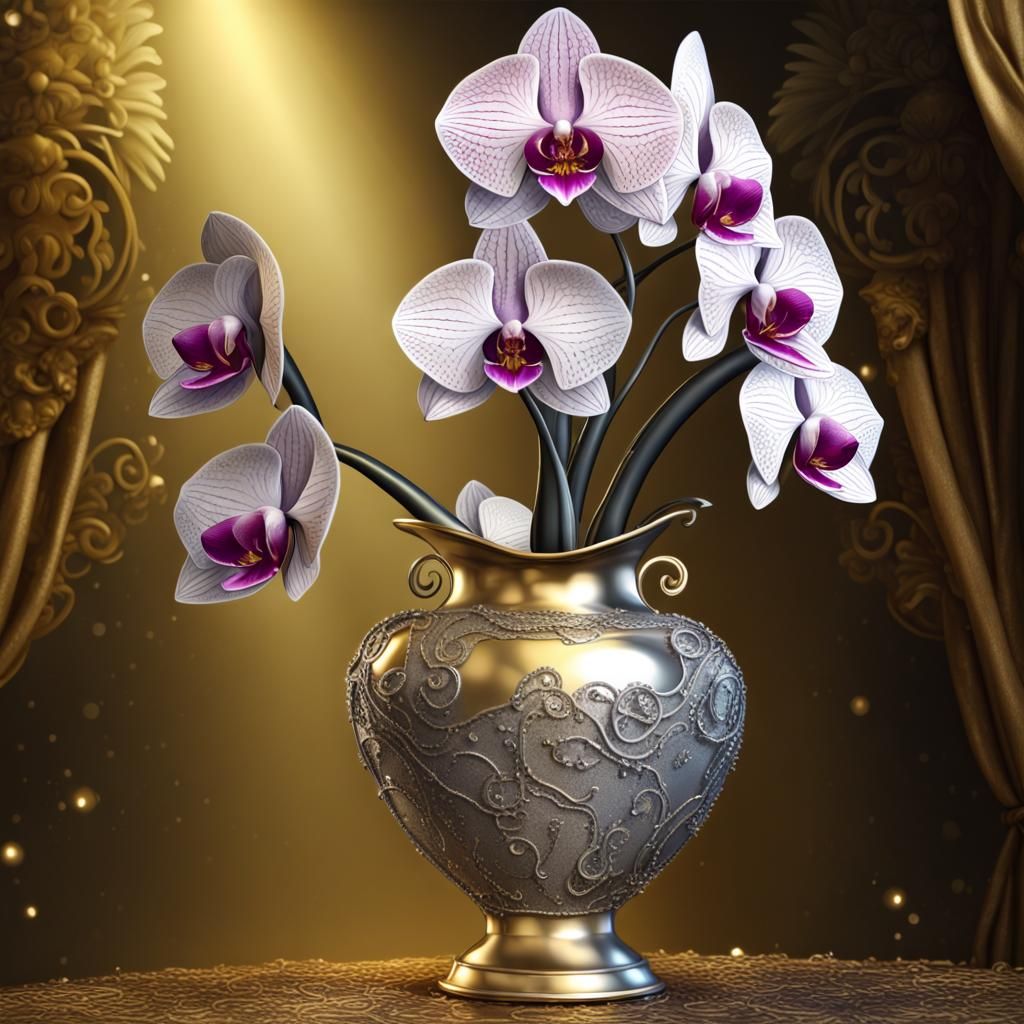 Steampunk Orchids in Gold Vase with Metallic Sparkles