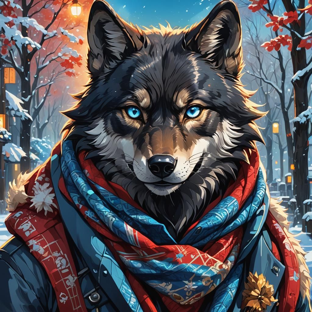 Anime Wolf Portrait with Blue Eyes and Red Scarf