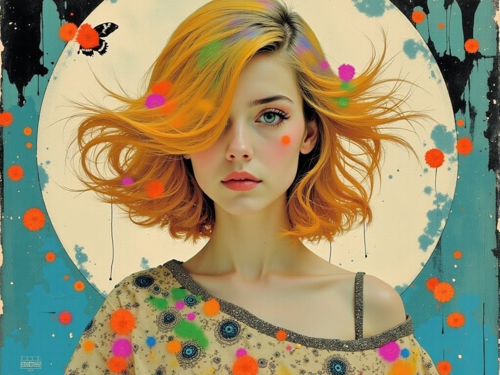 Regal Woman in Lavish, Moonlit Garden with Iridescent Hues