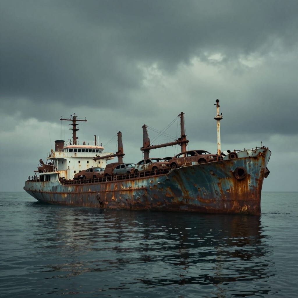 Derelict Cargo Ship Laden with Rusted Cars