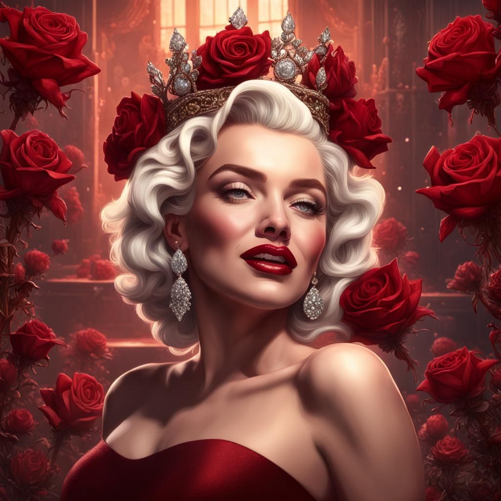 Marylin Monroe  glitter Roses on her crown roses ,diamond earrings,red wine dress