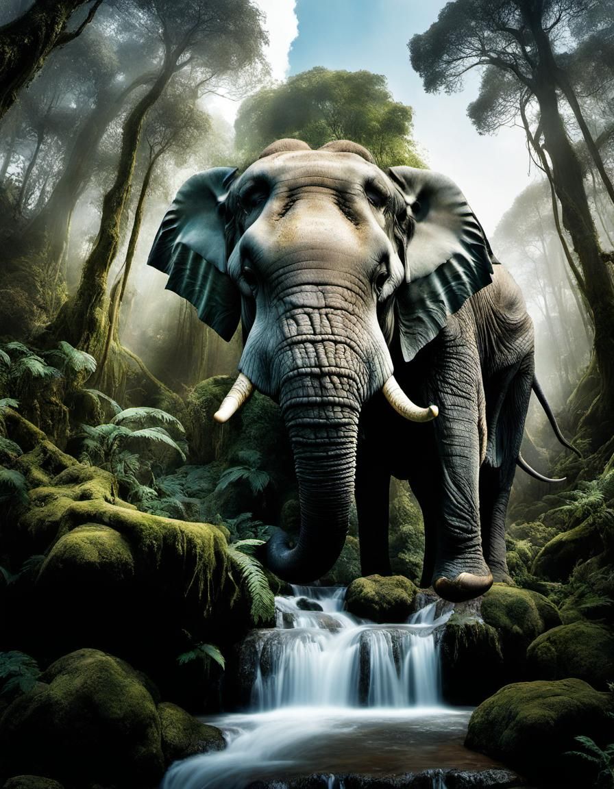 Elephant Titan Double Exposure: Hyperrealistic Forest Portra...