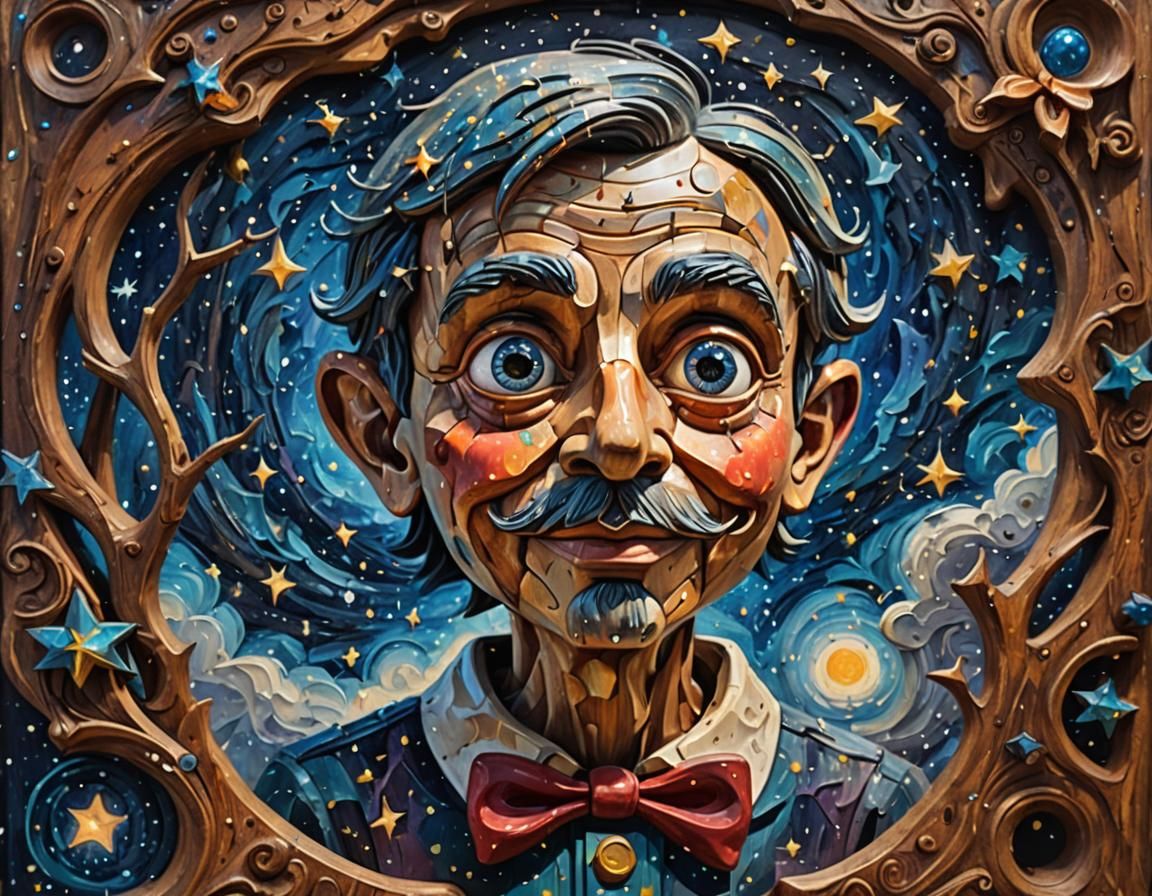 Celestial Pinocchio Wood Carving in Dreamlike Oil Painting S...