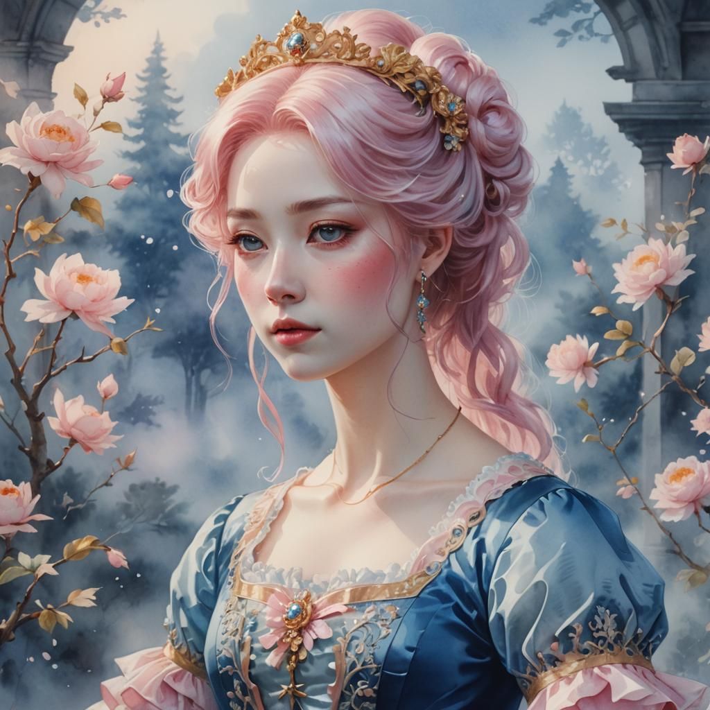Anime-Inspired Rococo Portrait of a Pink-Haired Queen