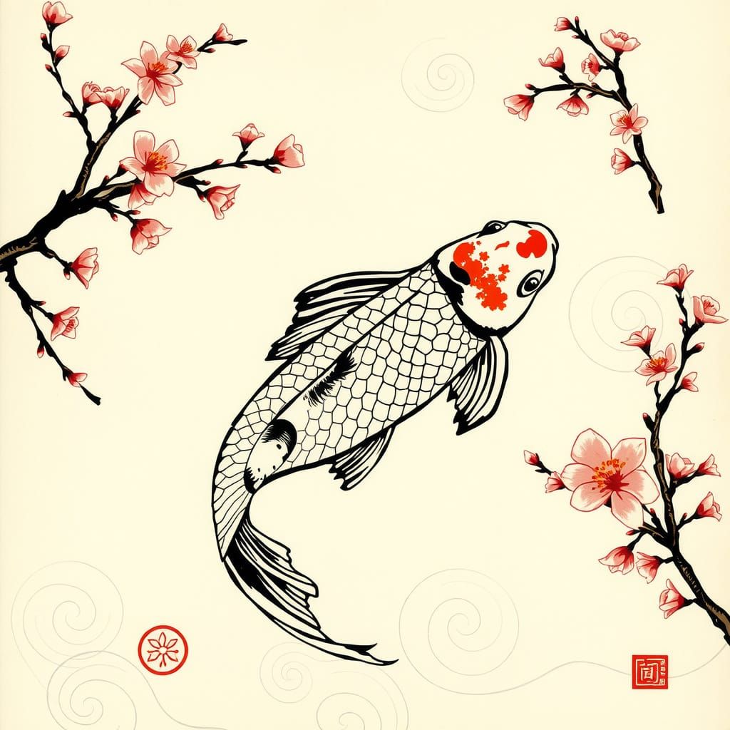 Traditional Japanese Koi Fish Tattoo Design in Hokusai Style