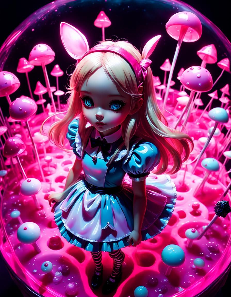 aerial view of cute alice from alice in wonderland inside a bioluminescent pink glow ethereal magical candy shop, creepy...