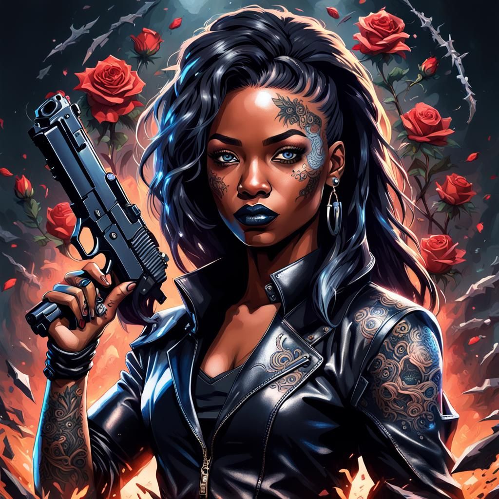 Striking Woman in Leather Suit with Pistol