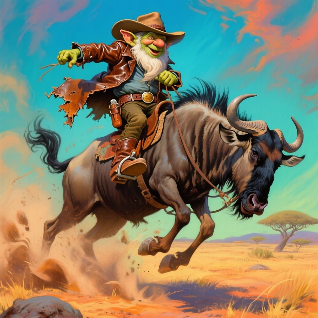 Gnome Cowboy Rides Wildebeest, Frazetta-Froud Style