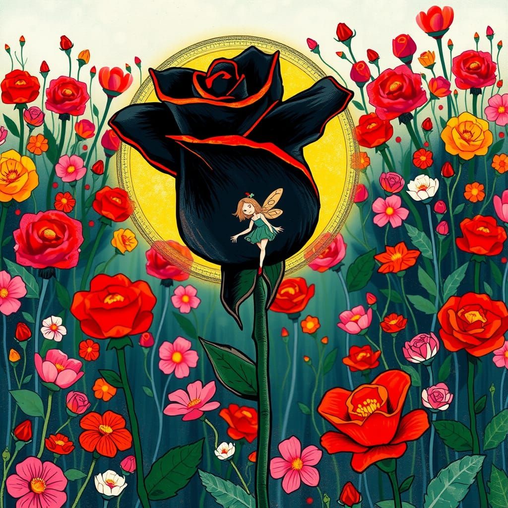 Black Rose and Fairy in Whimsical Rose Garden