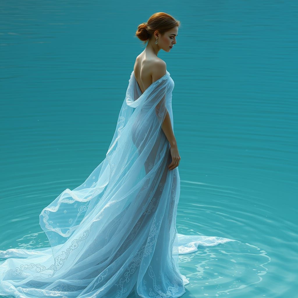Woman in Shimmering Water Gown, Surreal Digital Art