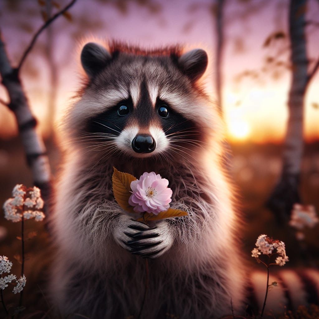 Serene Raccoon Gentle with Blooming Flower in Twilight