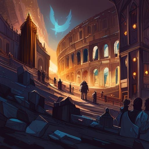Luminous Colosseum with Golden Outlines, Digital Painting