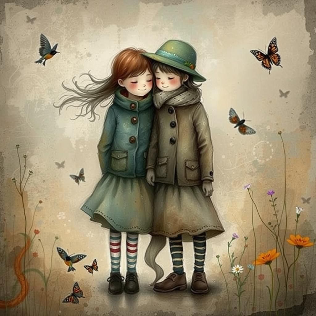 Children's Friendship Scene in Classic Illustration Style