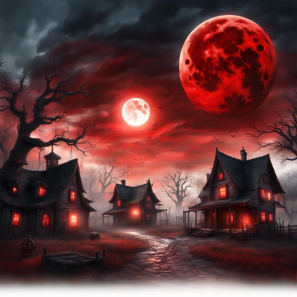Haunted Village with Blood Moon Ghosts in Digital Art