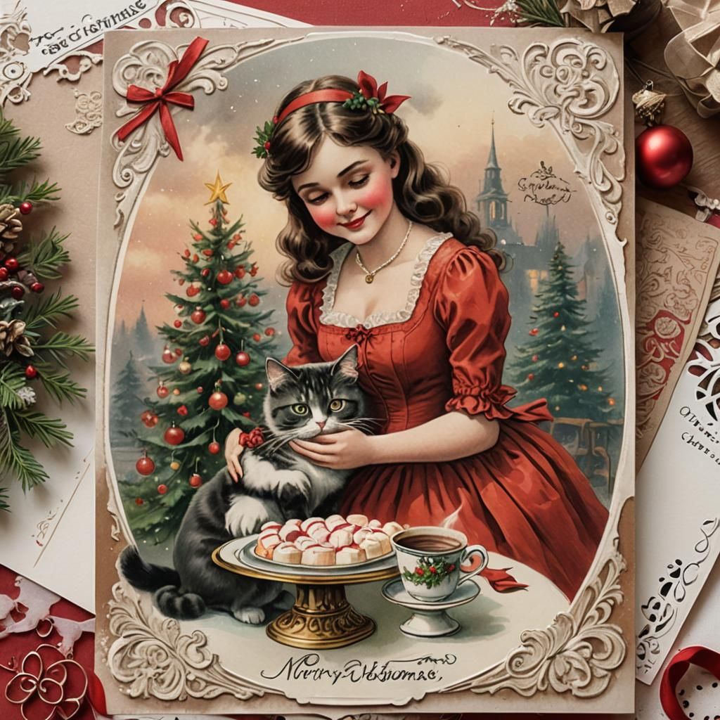 Vintage Postcard Scene with Girl in Red Dress and Annoyed Ca...