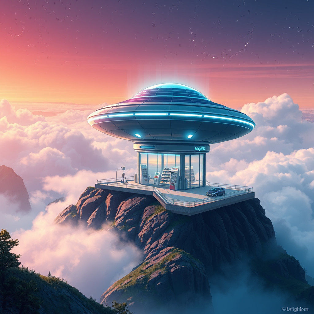 Anime-Style UFO Gas Station on Misty Mountain