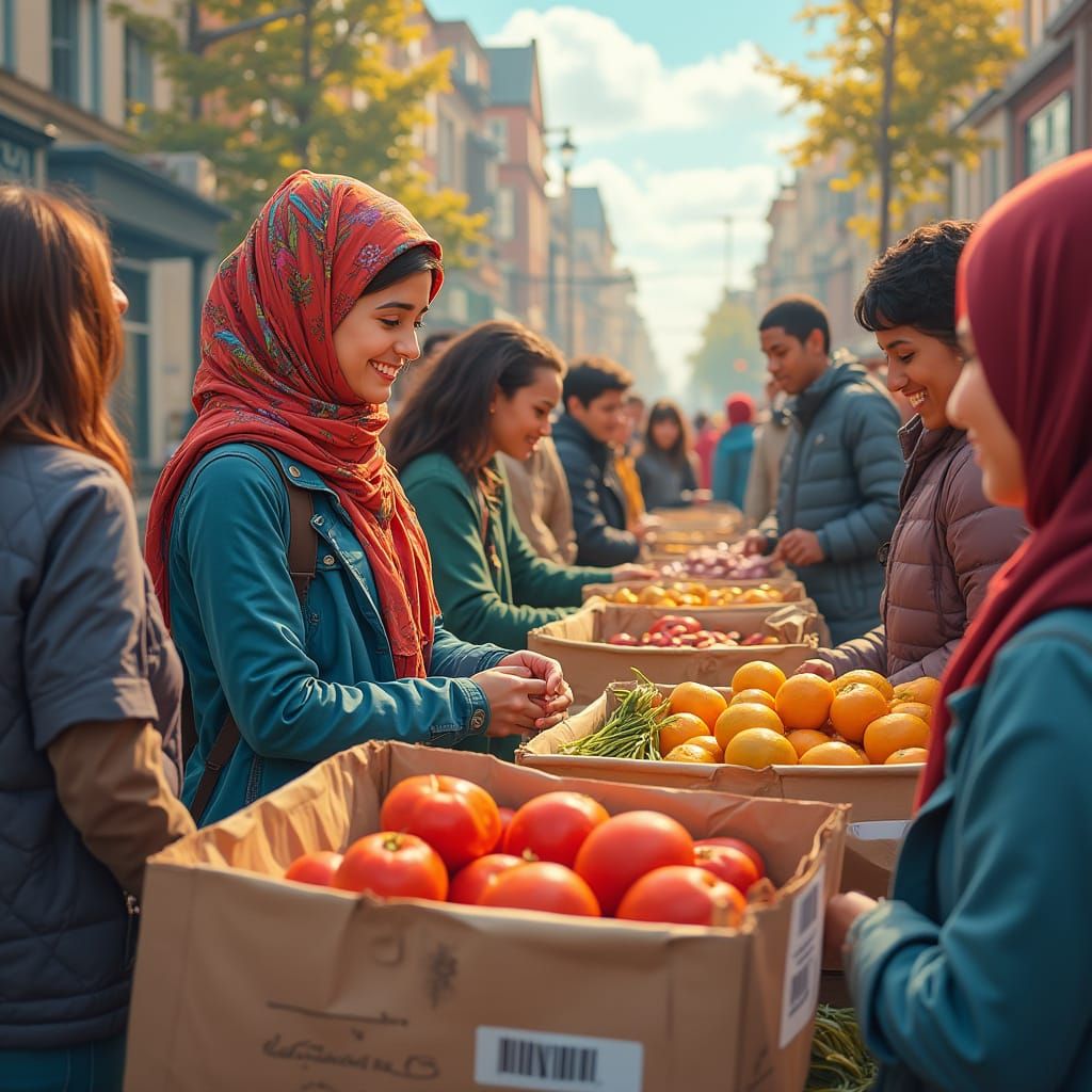 Community Kindness: A Volunteer Scene in Pop Art Style