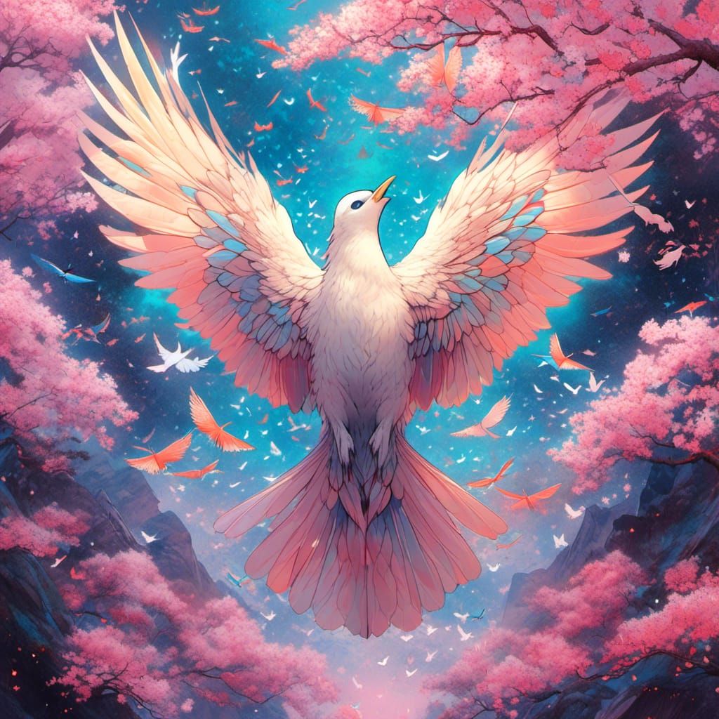 Crow Soaring Among Cherry Blossoms in Astral Style