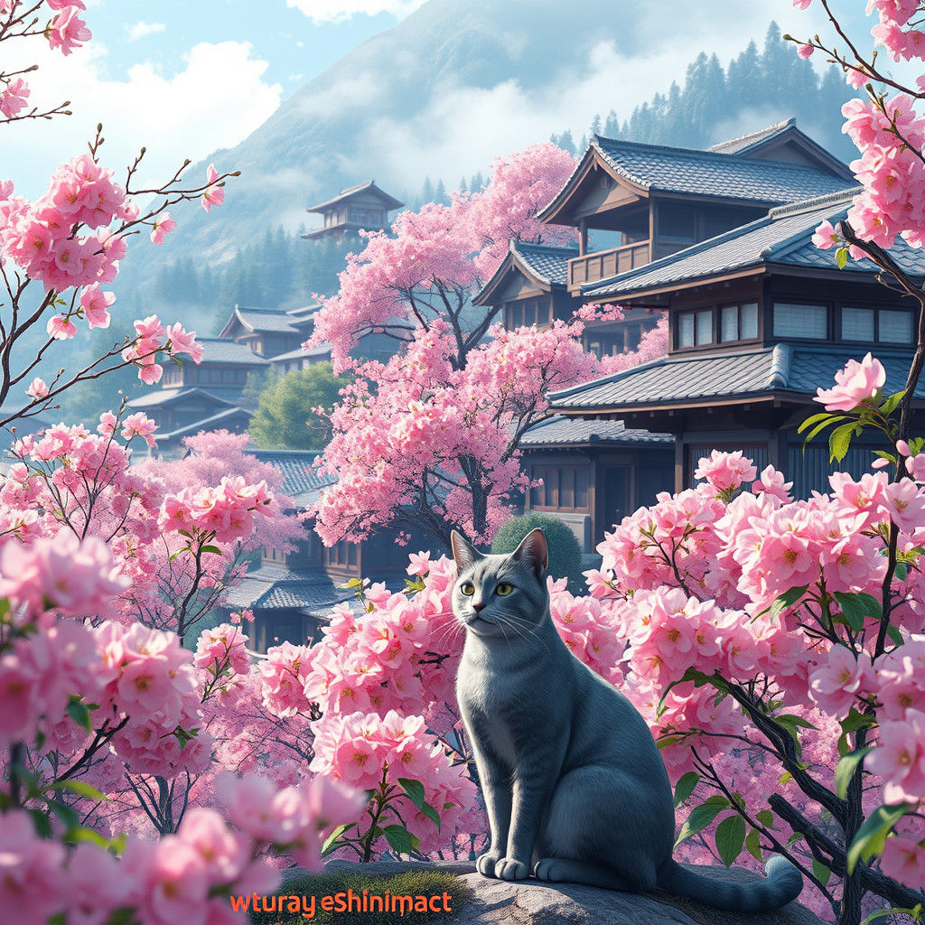 Sakura Forest with Grey Cat, 3D Anime Art