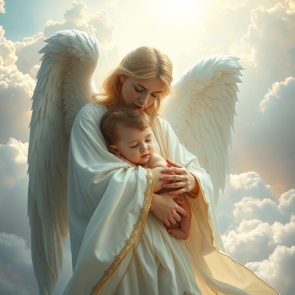 Guardian Angel's Tender Embrace: Cinematic Heavenly Scene