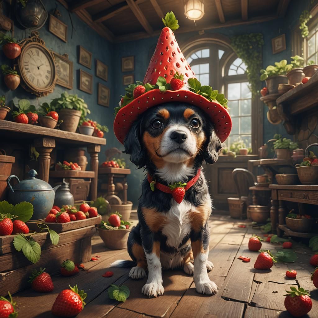 Dog in Strawberry Hat: Detailed Fantasy Art