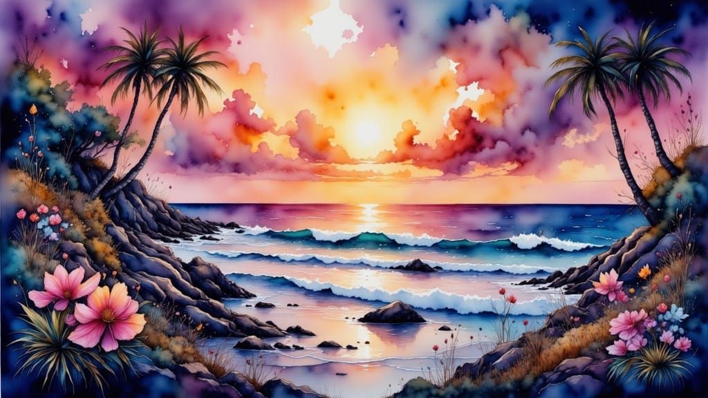 Surreal Sunrise Oceanfront in Vibrant Synthwave Style