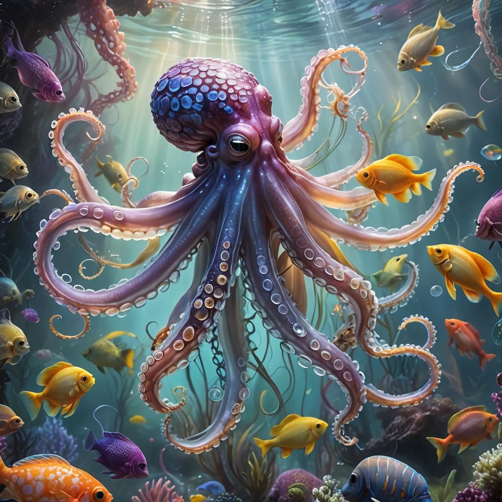 Translucent Octopus Envelops Fish in Ethereal Underwater Sce...