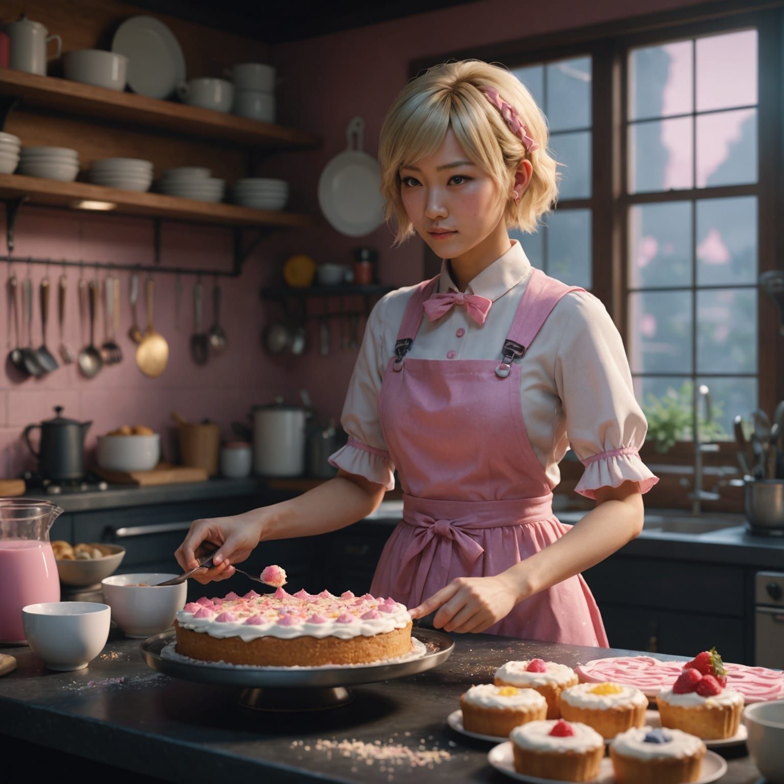 Blonde Woman Baking Cake in Kitchen, Detailed Digital Art