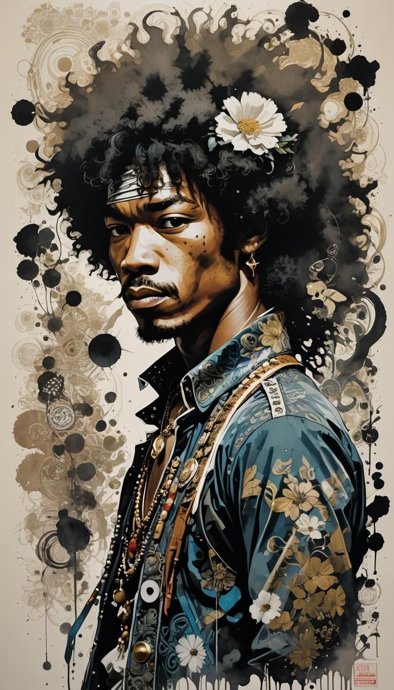 Jimi Hendrix Portrait in Manga Style