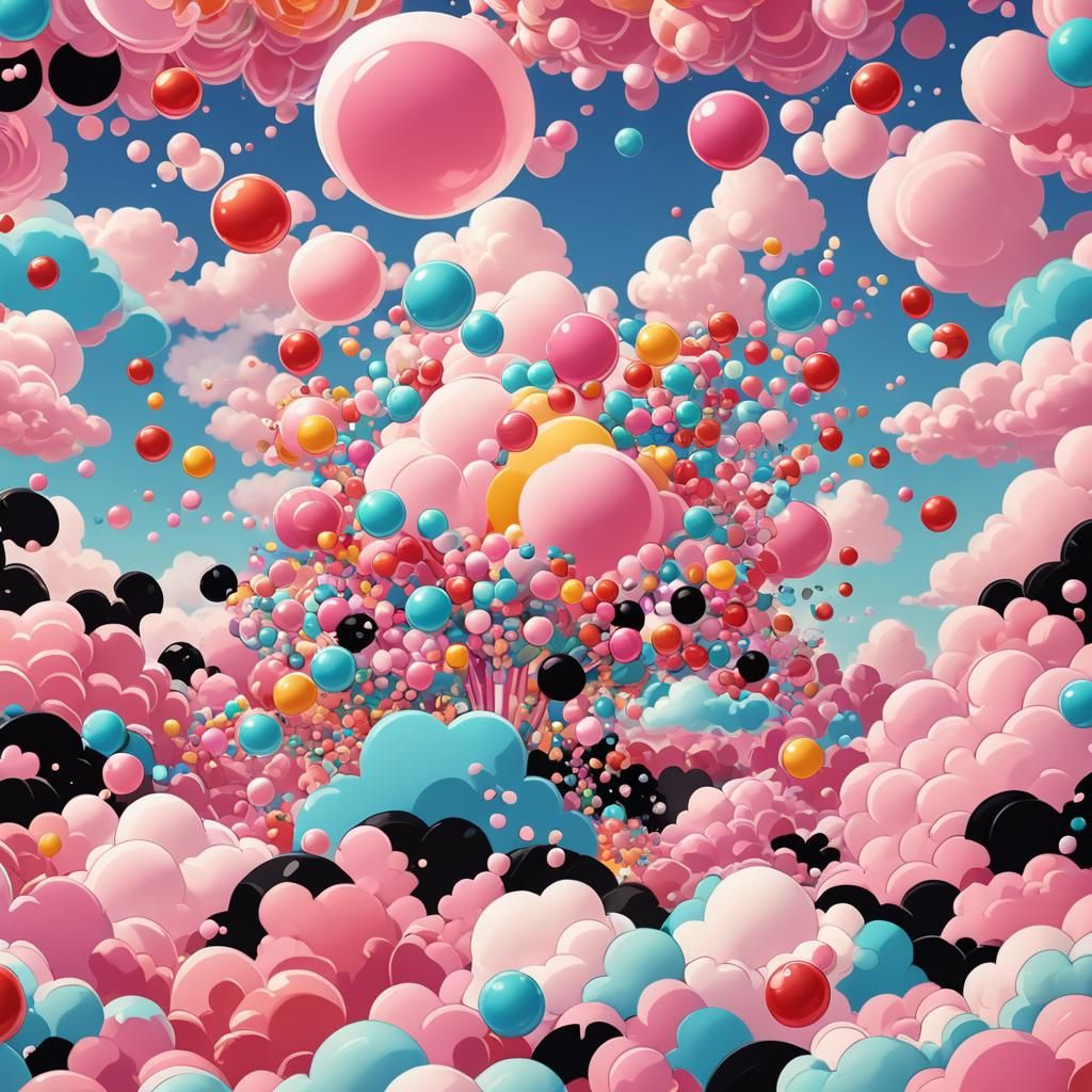 Bubbles in Strawberry Cotton Candy Landscape, Pop Art