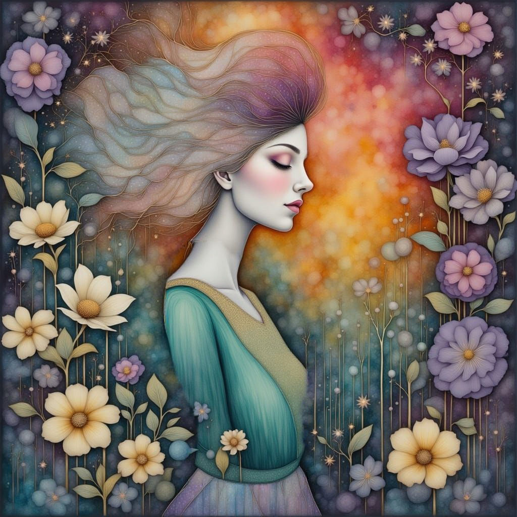 Romantic Geometric Florals in Whimsical Oil Painting Style
