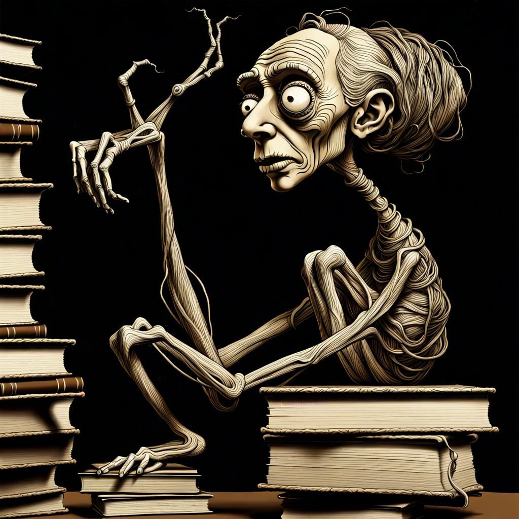 Disturbing Art Brut Portrait in Magical Library