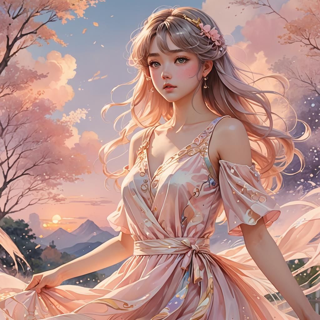 Model in Light Pink Dress: Pastel Anime Art