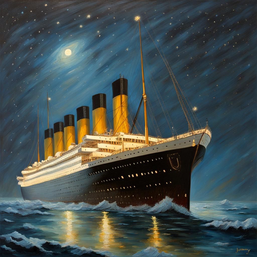 Titanic Sails the North Atlantic: Oil Painting