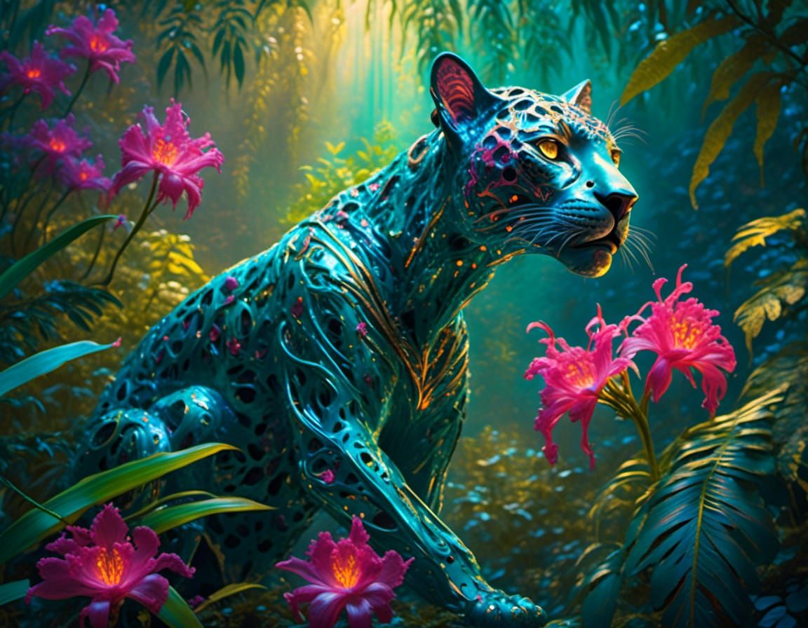 Teal Jaguar Runs Through Jungle: Expressionist Oil Painting