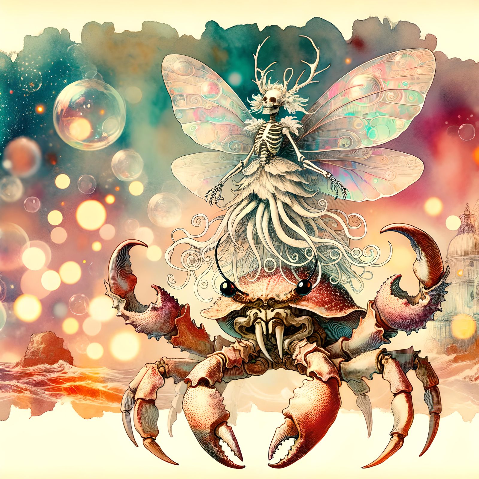 Eldritch Fairy Rides Crab-Squid: Watercolor and Ink