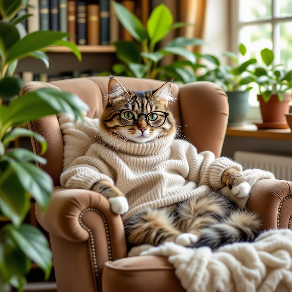 Cozy Cat Surrounded by Plants in Classic Illustration Style