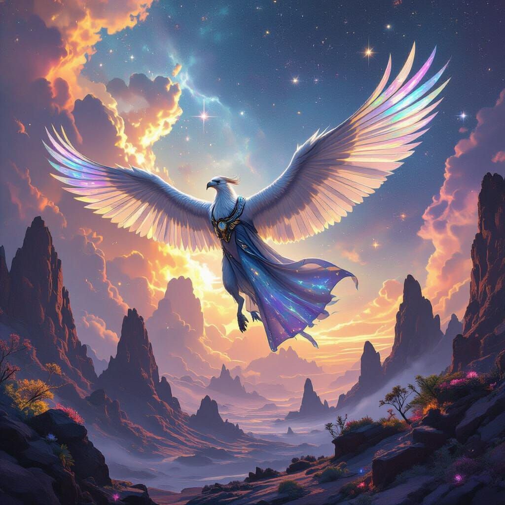 Griffin Soaring Through Nebula Sky Over Alien Planet