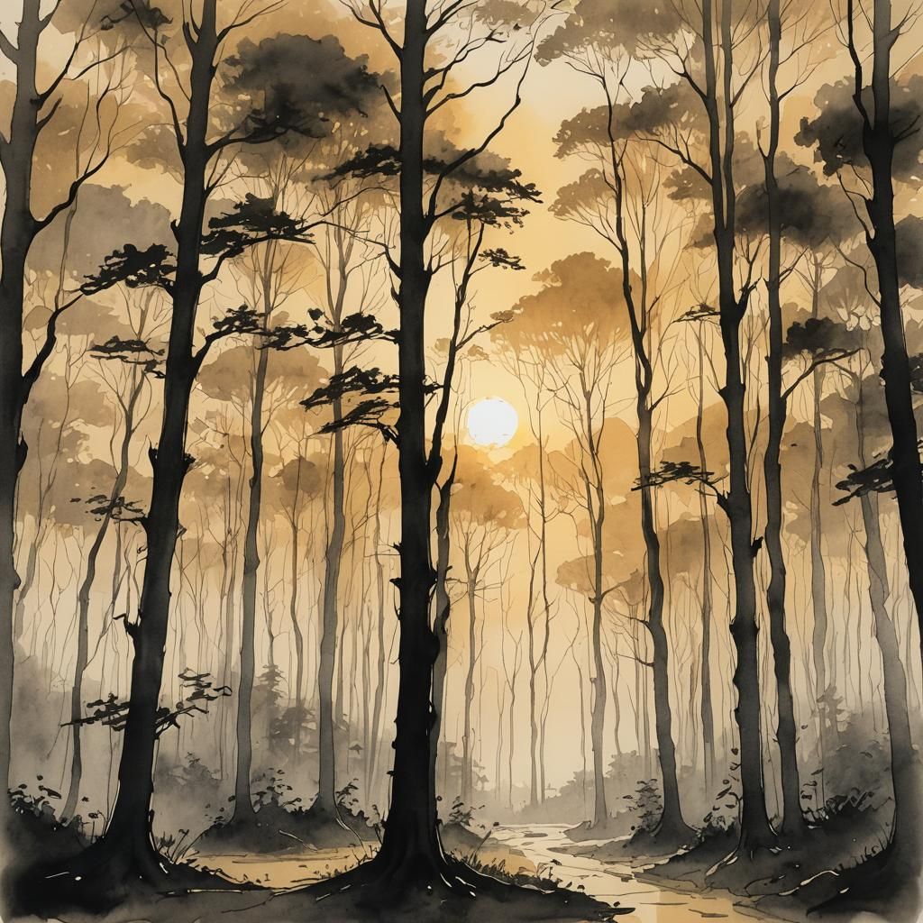 Elegant Forest Silhouette at Sunset: Minimalist Ink Sketch