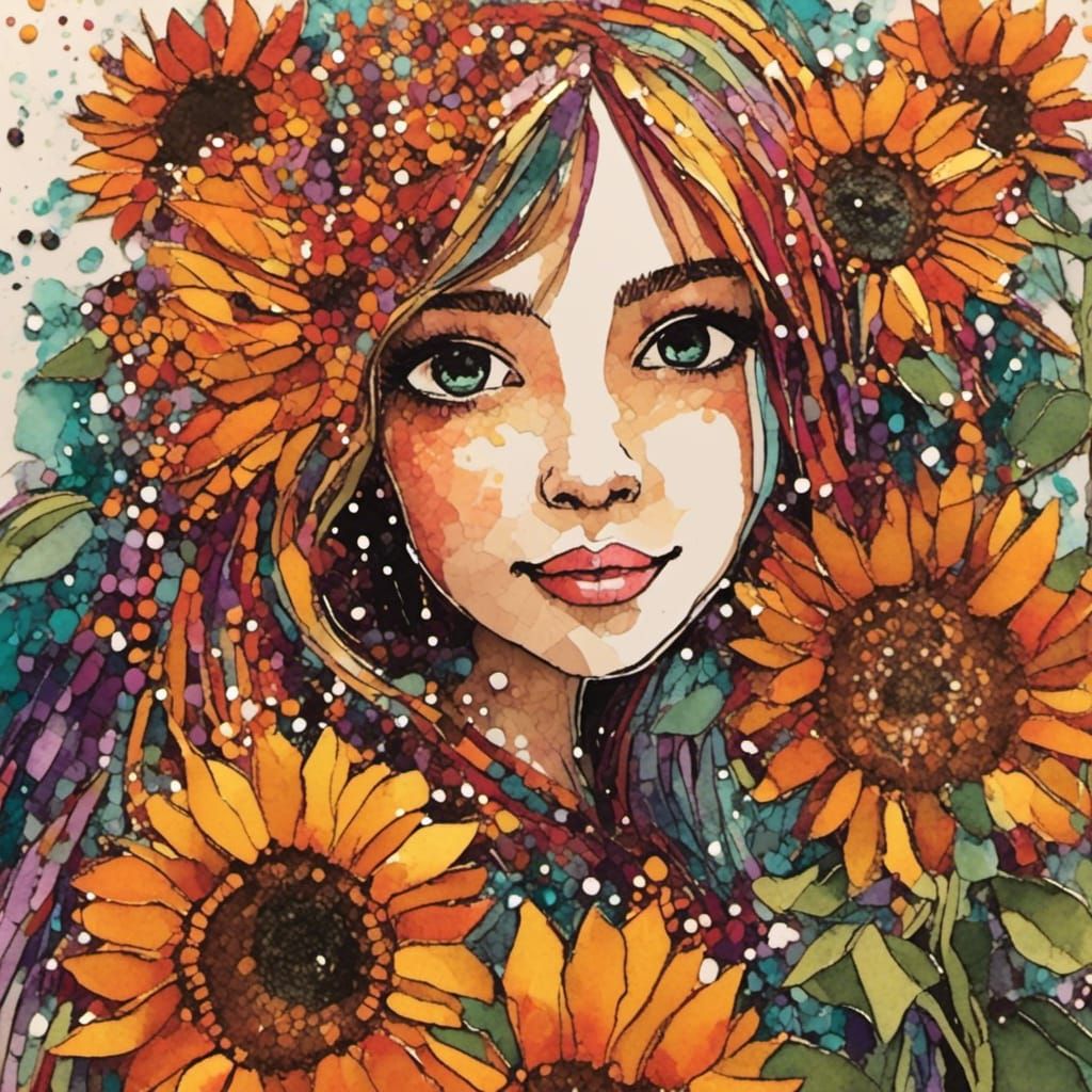 an attractive young country girl framed by tall sunflowers :...