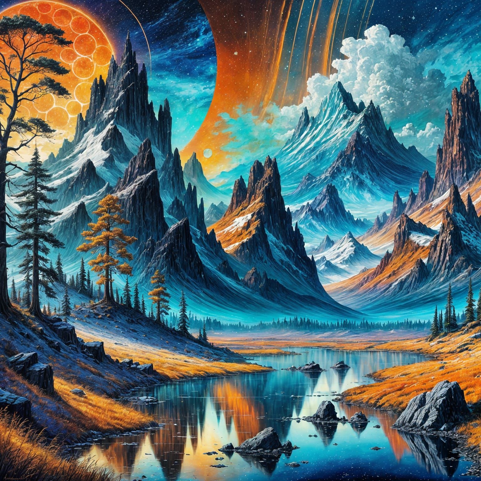 Solarpunk Alcohol Ink Landscape with Luminous Sun